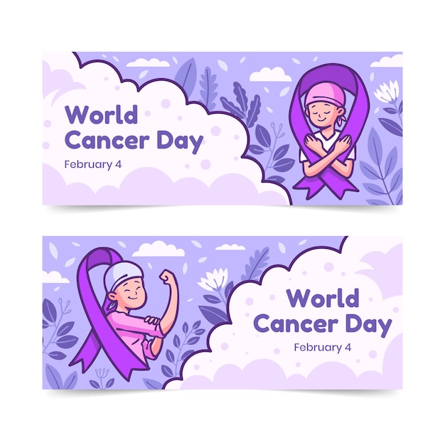 Vector gratuito conjunto de banners horizontales del día mundial del cáncer dibujados a mano