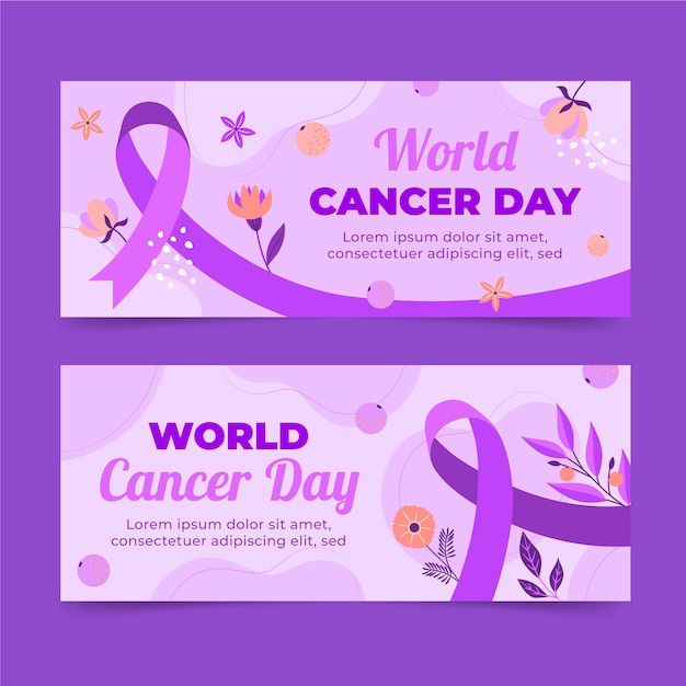 Conjunto de banners horizontales del día mundial del cáncer plano