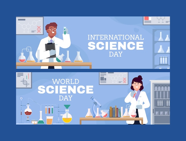 Conjunto de banners horizontales del día mundial de la ciencia plana
