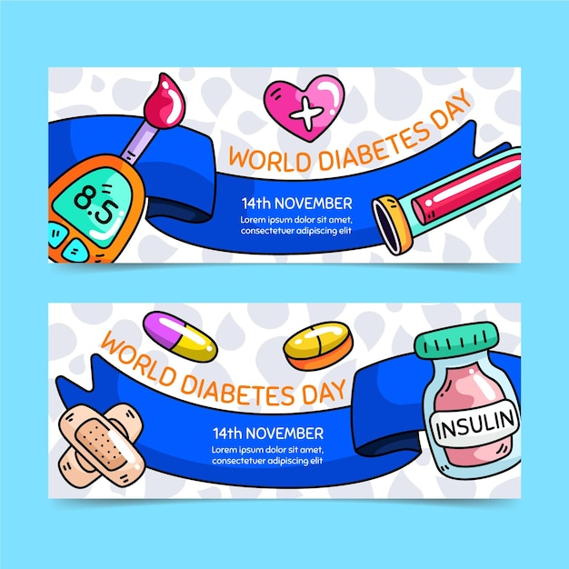 Vector gratuito conjunto de banners horizontales del día mundial de la diabetes dibujados a mano