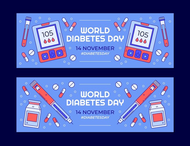 Vector gratuito conjunto de banners horizontales del día mundial de la diabetes dibujados a mano