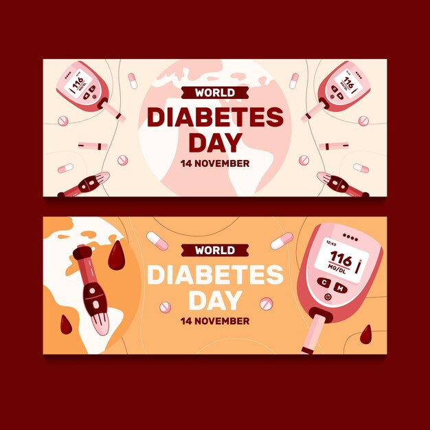 Vector gratuito conjunto de banners horizontales del día mundial de la diabetes dibujados a mano