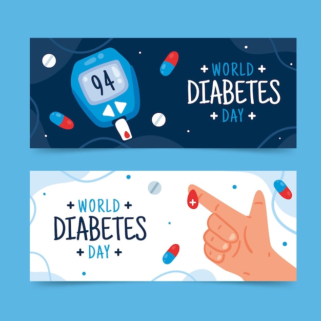 Vector gratuito conjunto de banners horizontales del día mundial de la diabetes dibujados a mano