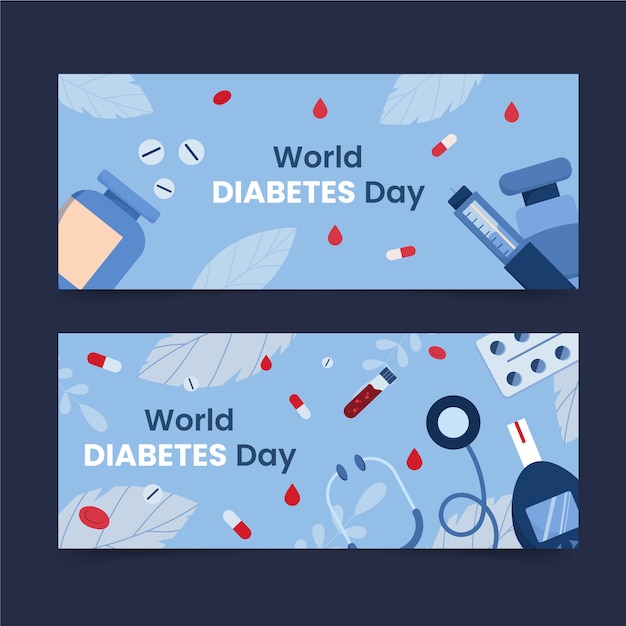 Conjunto de banners horizontales del día mundial de la diabetes dibujados a mano