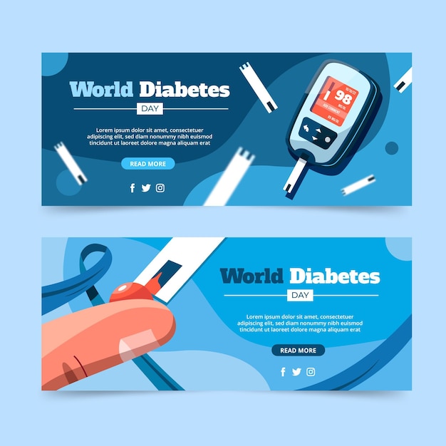 Vector gratuito conjunto de banners horizontales del día mundial de la diabetes plana