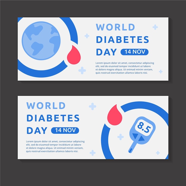 Vector gratuito conjunto de banners horizontales del día mundial de la diabetes plana