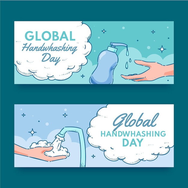Conjunto de banners horizontales del día mundial del lavado de manos dibujados a mano