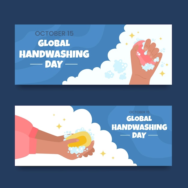 Vector gratuito conjunto de banners horizontales del día mundial del lavado de manos plano dibujado a mano