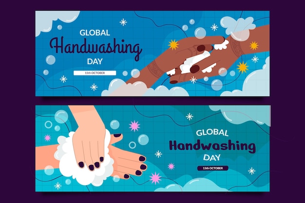 Vector gratuito conjunto de banners horizontales del día mundial del lavado de manos plano dibujado a mano