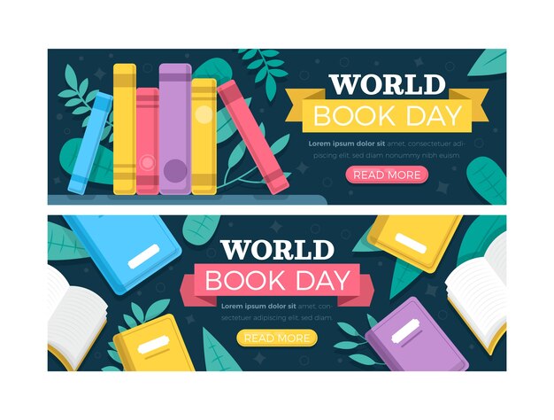 Vector gratuito conjunto de banners horizontales del día mundial del libro plano