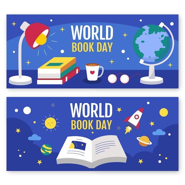 Vector gratuito conjunto de banners horizontales del día mundial del libro plano