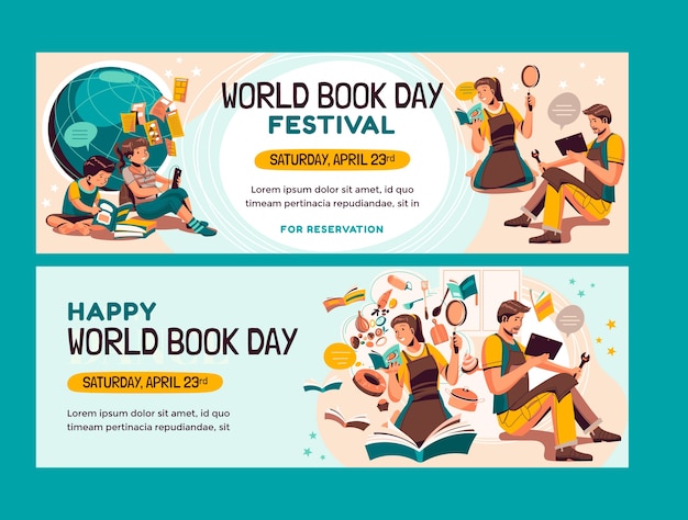 Conjunto de banners horizontales del día mundial del libro plano