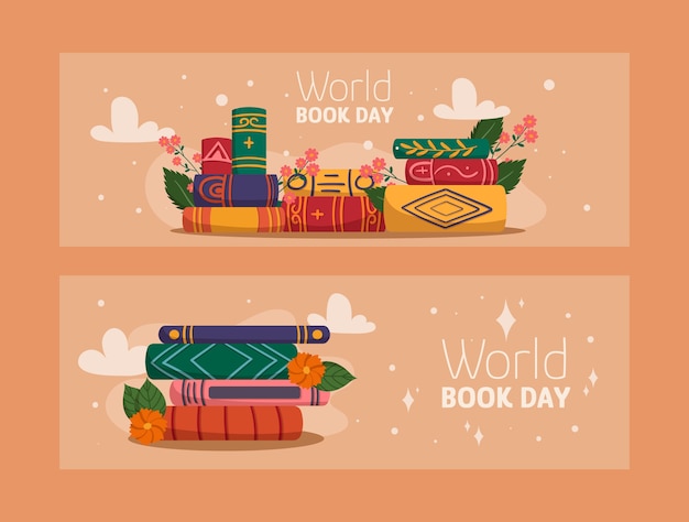 Vector gratuito conjunto de banners horizontales del día mundial del libro plano