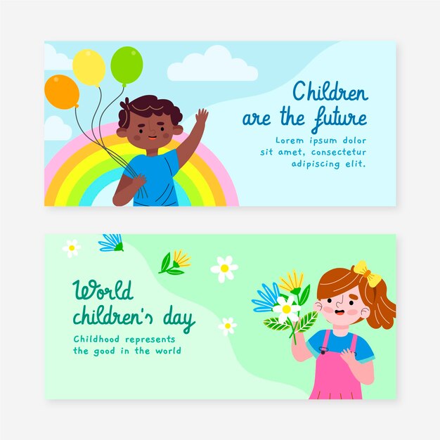 Vector gratuito conjunto de banners horizontales del día mundial de los niños dibujados a mano