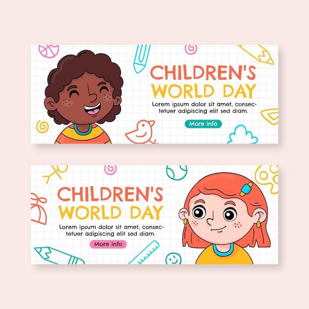 Vector gratuito conjunto de banners horizontales del día mundial de los niños dibujados a mano