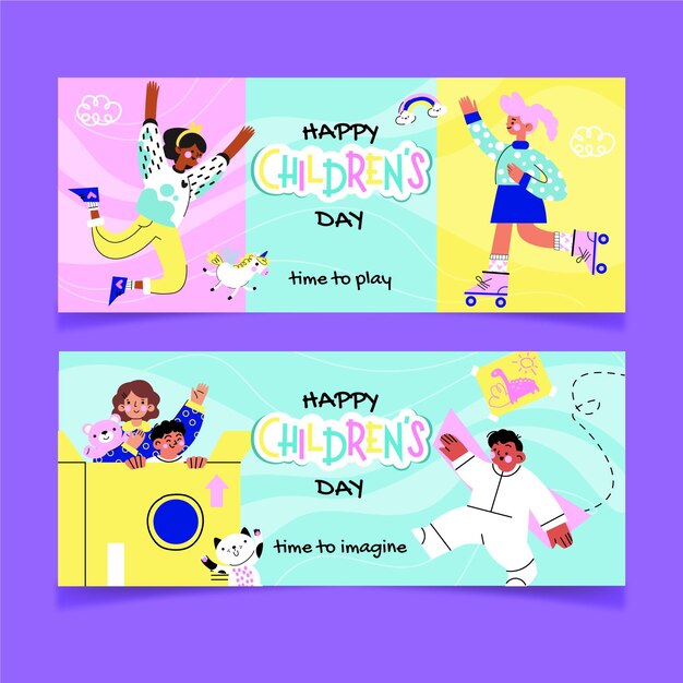Conjunto de banners horizontales del día mundial de los niños dibujados a mano