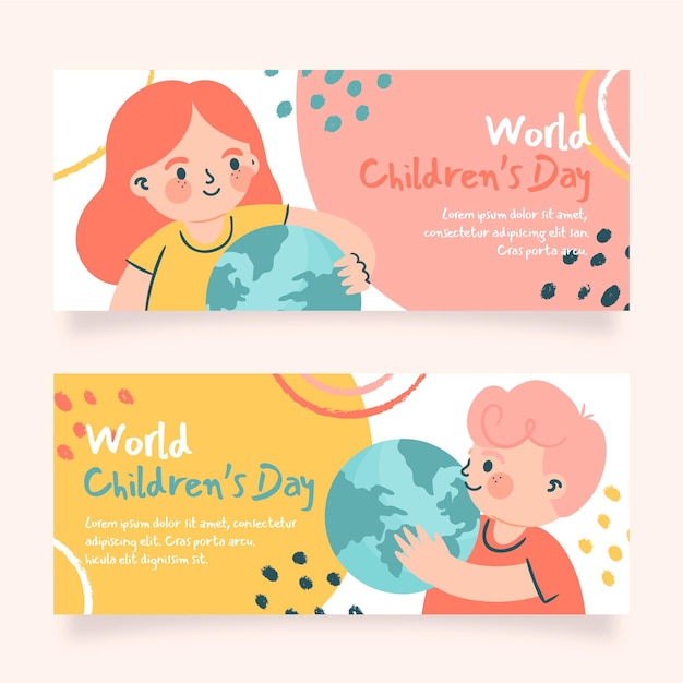 Vector gratuito conjunto de banners horizontales del día mundial de los niños dibujados a mano