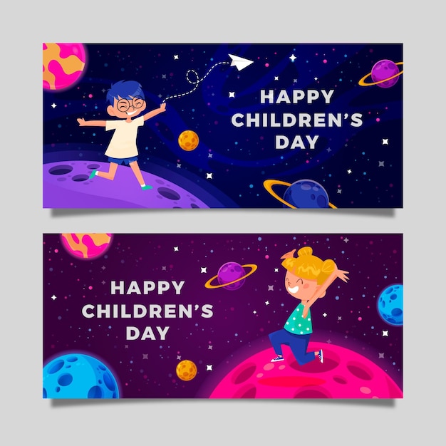 Vector gratuito conjunto de banners horizontales del día mundial de los niños dibujados a mano