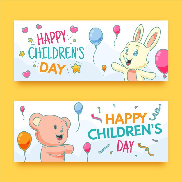 Conjunto de banners horizontales del día mundial de los niños dibujados a mano