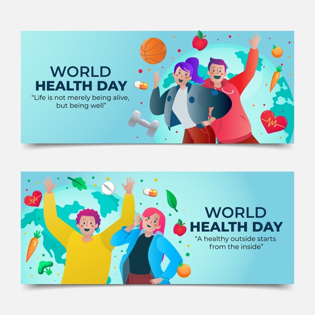 Conjunto de banners horizontales del día mundial de la salud degradado