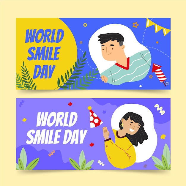 Vector gratuito conjunto de banners horizontales del día mundial de la sonrisa dibujados a mano