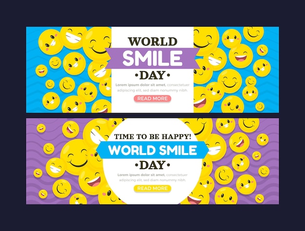 Conjunto de banners horizontales del día mundial de la sonrisa plana