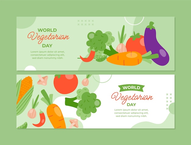 Conjunto de banners horizontales del día mundial del vegetariano plano