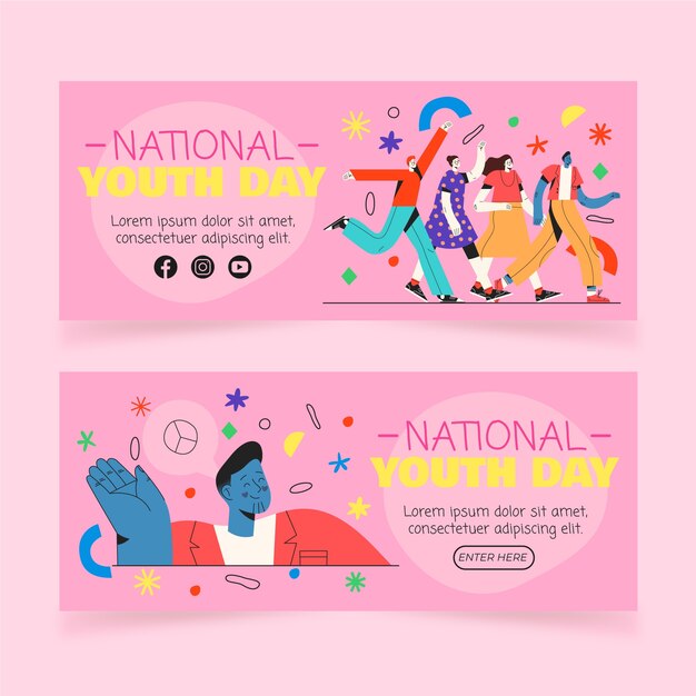 Conjunto de banners horizontales del día nacional de la juventud dibujados a mano
