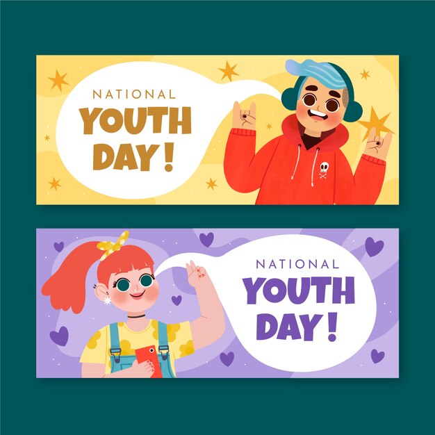 Conjunto de banners horizontales del día nacional de la juventud dibujados a mano
