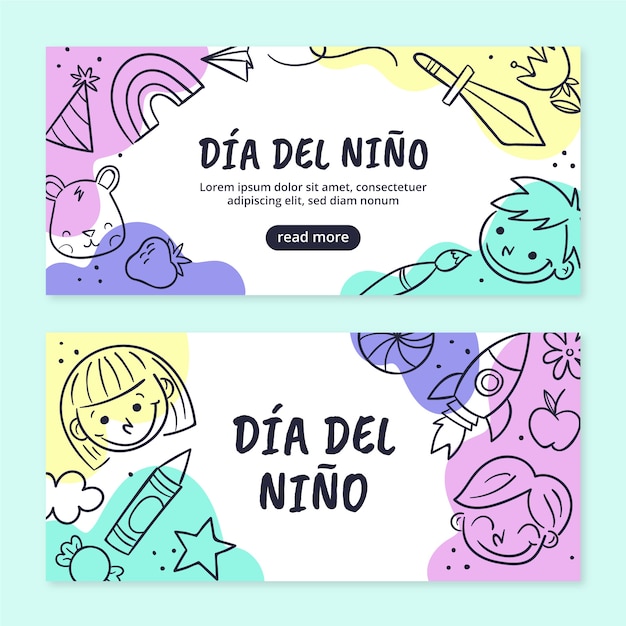 Conjunto de banners horizontales del día del niño dibujado a mano en español