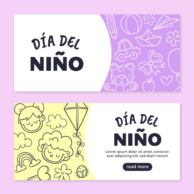 Conjunto de banners horizontales del día del niño dibujado a mano en español