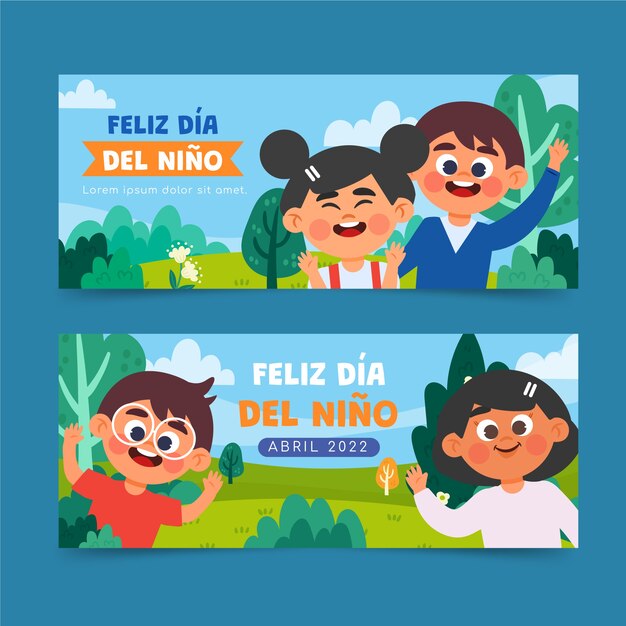 Conjunto de banners horizontales del día del niño plano en español