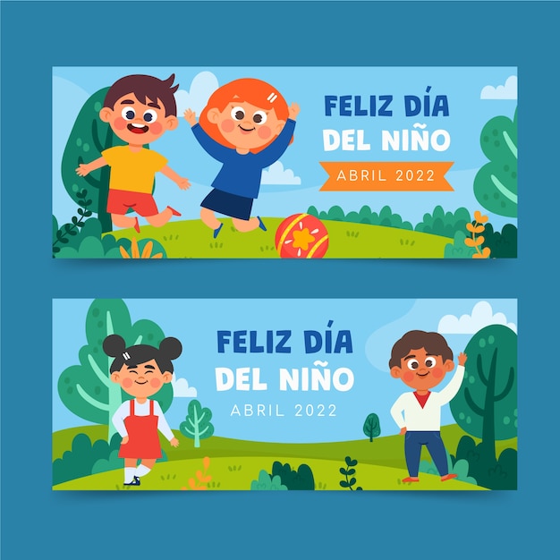 Vector gratuito conjunto de banners horizontales del día del niño plano en español