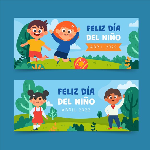 Conjunto de banners horizontales del día del niño plano en español