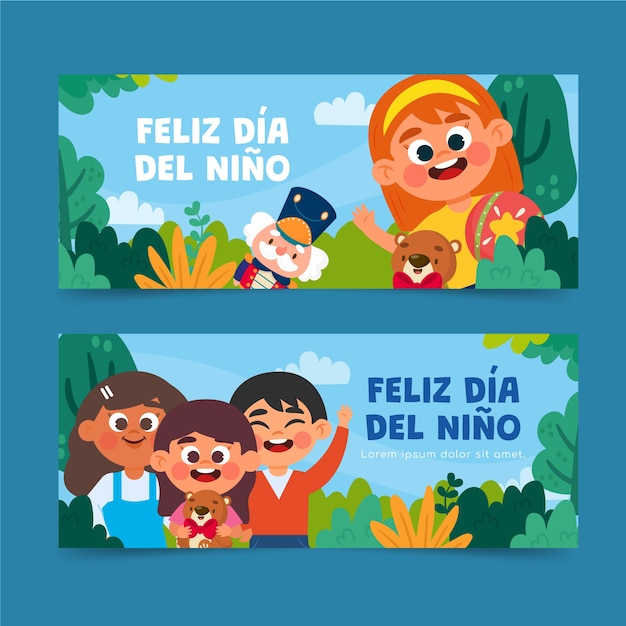 Vector gratuito conjunto de banners horizontales del día del niño plano en español