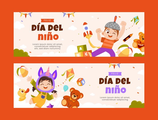 Conjunto de banners horizontales del día del niño plano en español