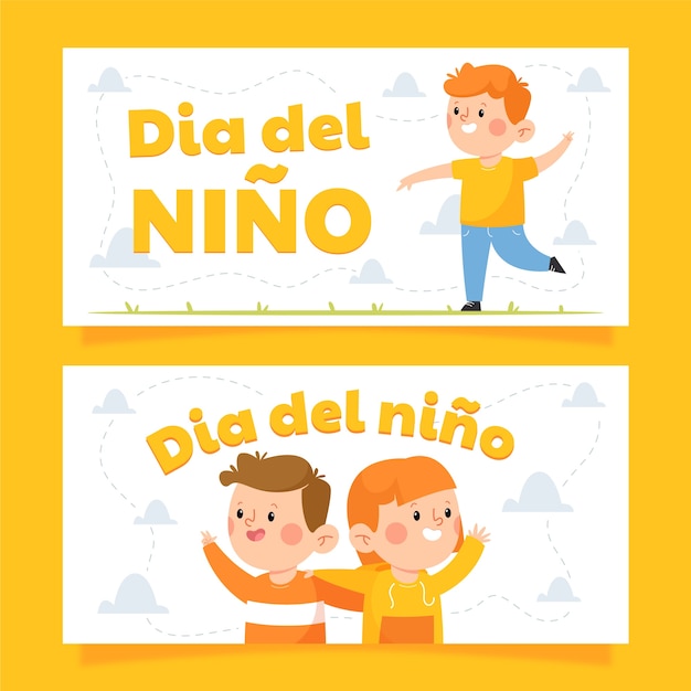 Conjunto de banners horizontales del día del niño plano en español