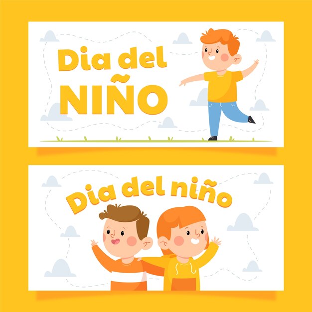 Conjunto de banners horizontales del día del niño plano en español