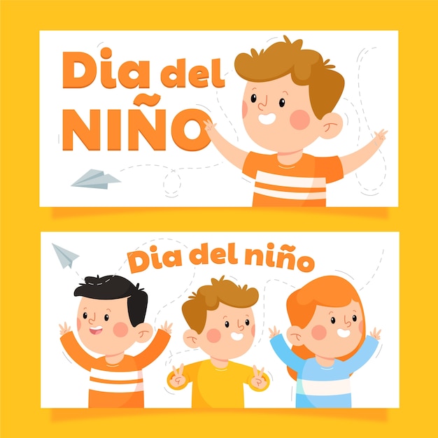 Conjunto de banners horizontales del día del niño plano en español