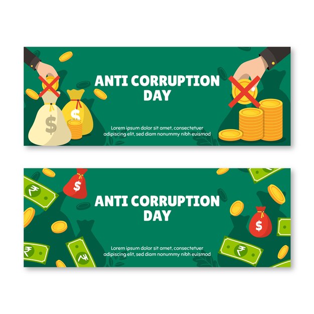 Conjunto de banners horizontales del día plano anticorrupción.