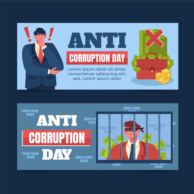 Conjunto de banners horizontales del día plano anticorrupción.
