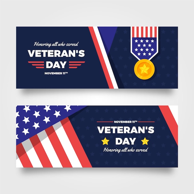 Vector gratuito conjunto de banners horizontales del día de los veteranos planos dibujados a mano