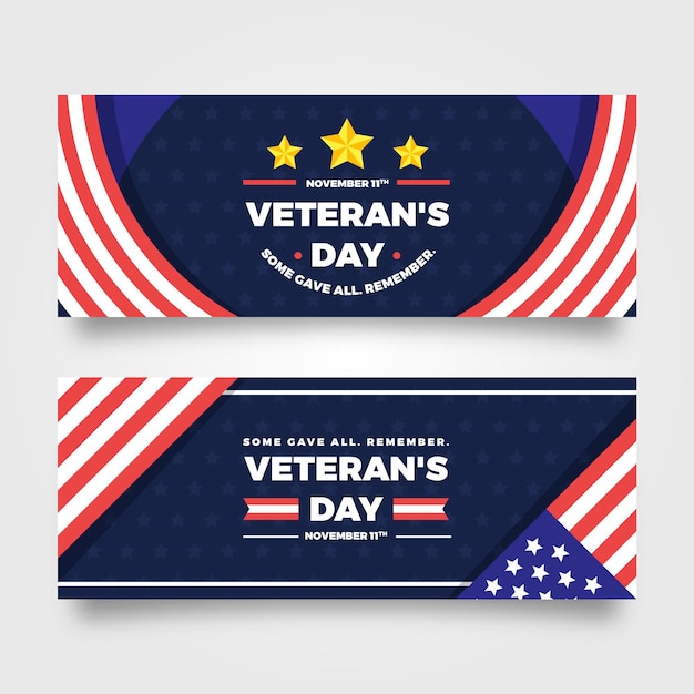 Conjunto de banners horizontales del día de los veteranos planos dibujados a mano
