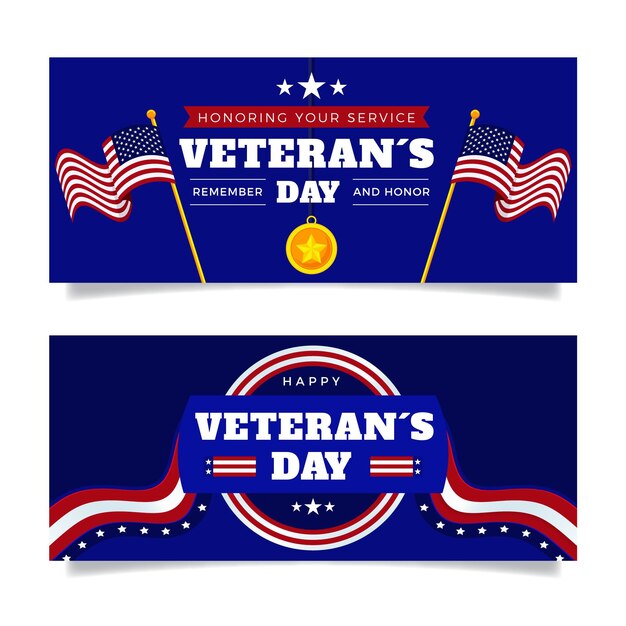 Conjunto de banners horizontales del día de los veteranos planos.