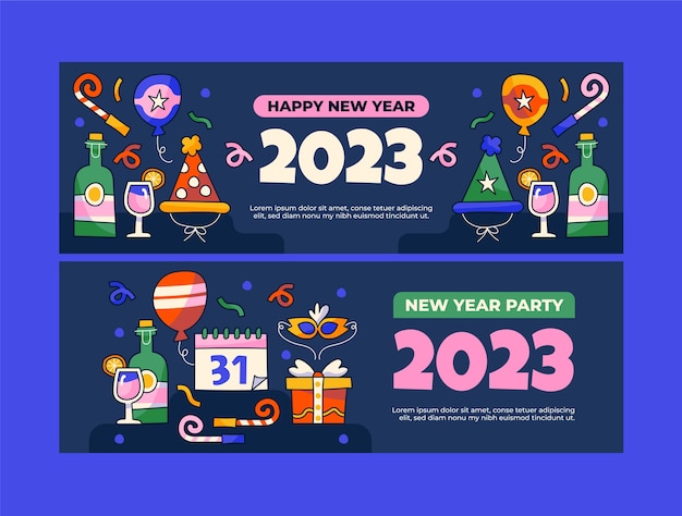 Conjunto de banners horizontales dibujados a mano año nuevo 2023