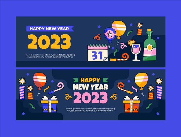 Conjunto de banners horizontales dibujados a mano año nuevo 2023