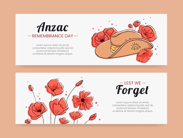 Conjunto de banners horizontales dibujados a mano del día de anzac