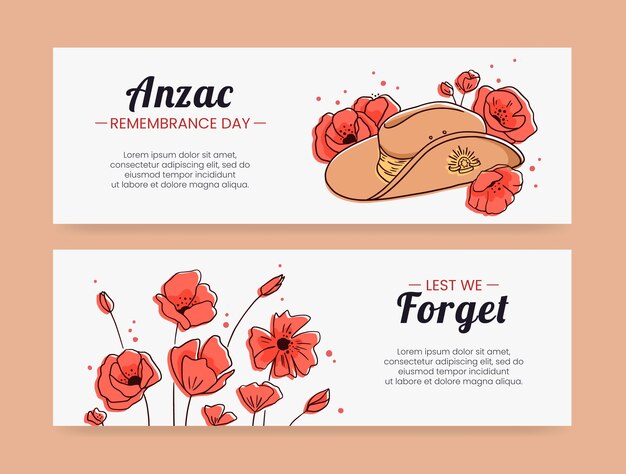 Conjunto de banners horizontales dibujados a mano del día de anzac