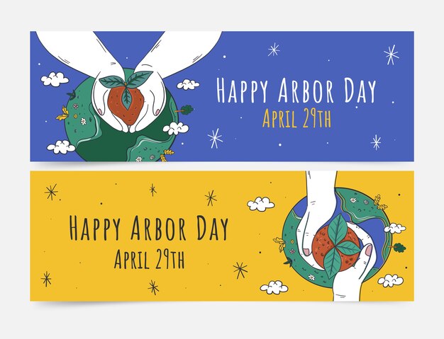 Conjunto de banners horizontales dibujados a mano del día del árbol
