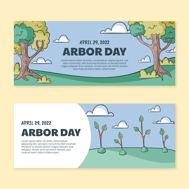 Conjunto de banners horizontales dibujados a mano del día del árbol